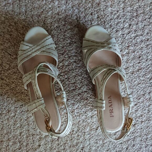 Prada White leather criss cross Wedges Sandals size 36.5 - Picture 3 of 16